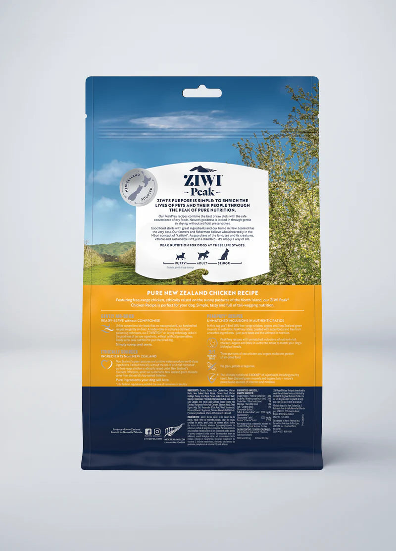 The ZIWI Peak Air-Dried Chicken Recipe for Dogs package, designed in blue and yellow, features product info and feeding guidelines. It highlights air-dried chicken as the single protein source and showcases images of free-range New Zealand chickens for authenticity.