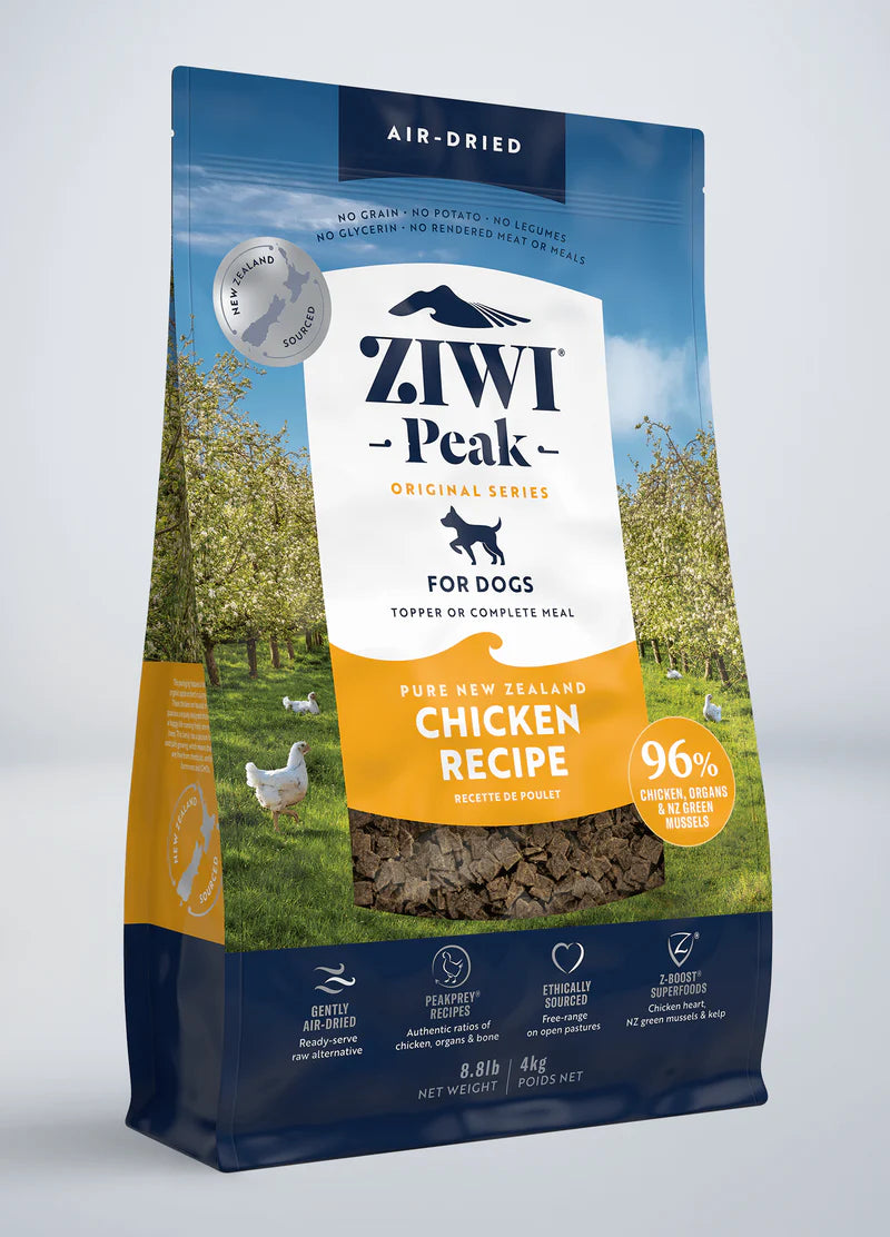 Bag of Ziwi Peak Air-Dried Chicken Recipe for Dogs, featuring free-range New Zealand chicken with product details and an image set against a serene countryside backdrop.