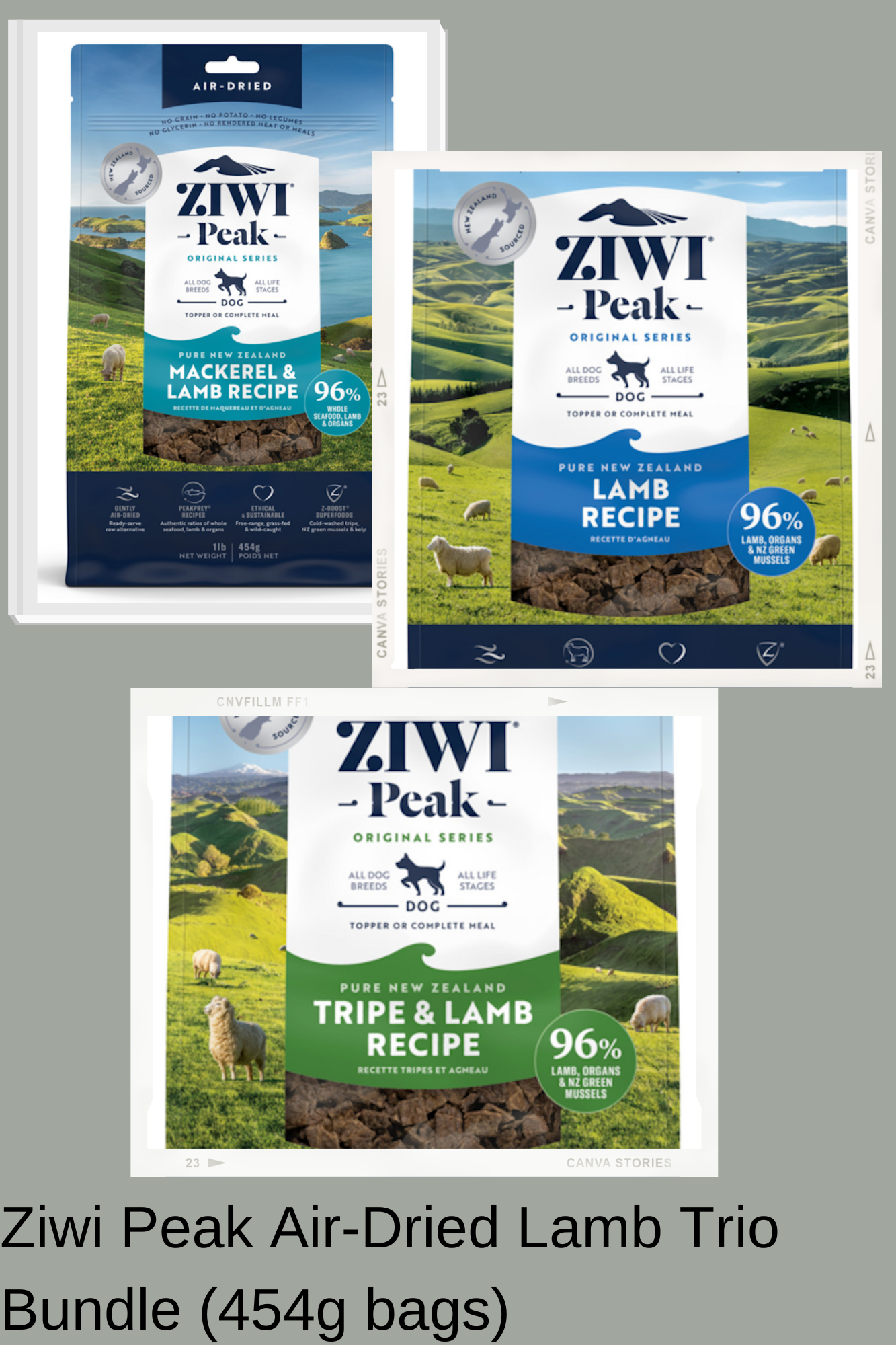 Three 454g Ziwi Peak Air-Dried Mixed Lamb Trio Bundle bags—Mackerel & Lamb, Lamb, and Tripe & Lamb—are shown with a scenic backdrop. Text: "Ziwi Peak Air-Dried Mixed Lamb Trio Bundle (3x 454g bags).