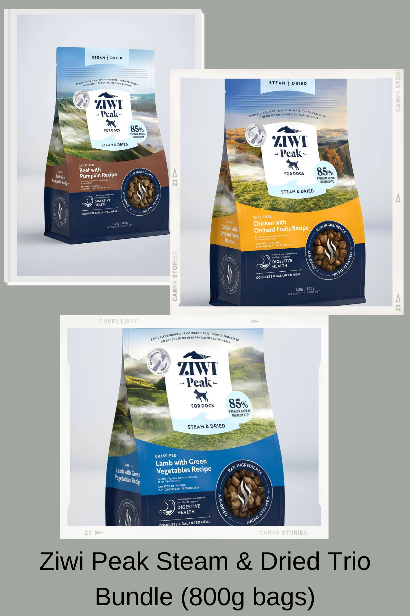 A bundle of three 800g bags of Ziwi Peak Steam & Dried Mixed Trio, featuring Chicken, Blue Mackerel & Lamb, and Lamb with Green Vegetables.