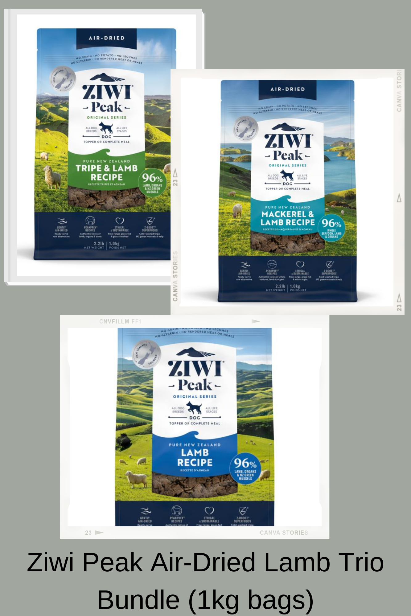 The Ziwi Peak 1kg Air-Dried Mixed Lamb Trio Bundle (3x 1kg bags) is displayed side by side against a neutral background.