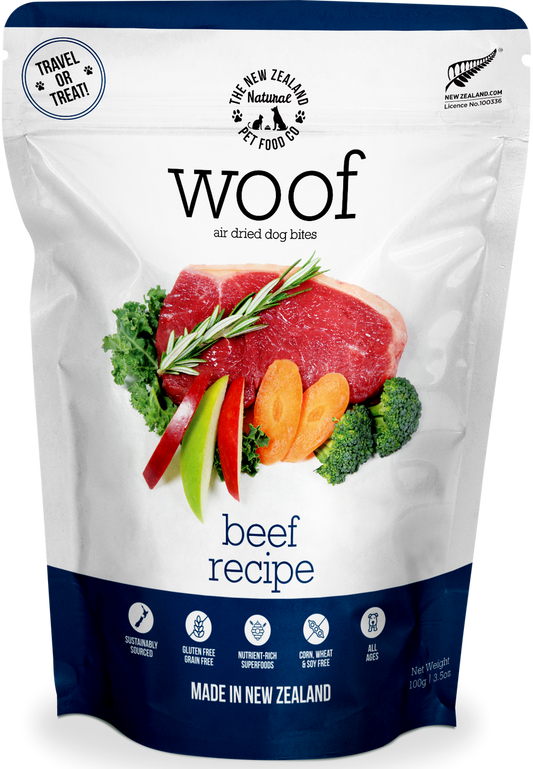 A package of Your Whole Dog woof new zealand natural healthy pet food, air-dried beef recipe dog bites.