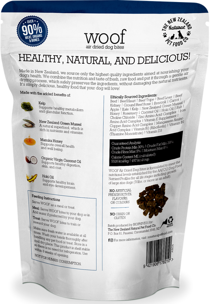 Back of a Woof: Air Dried Beef Dog Food package highlighting natural ingredients and healthy nutritional benefits from Your Whole Dog.