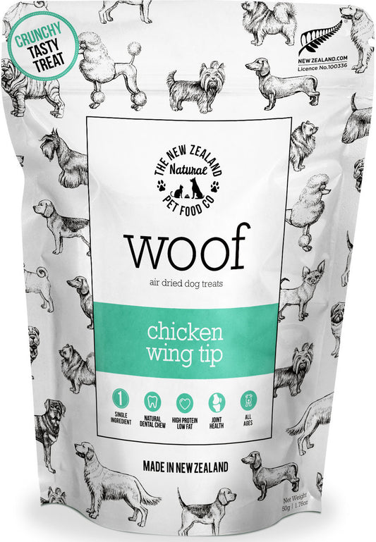 A package of "Your Whole Dog" brand ethically sourced chicken New Zealand air dried dog treats, flavored with Chicken Wing Tip Treats (50g), highlighting natural and high protein content.
