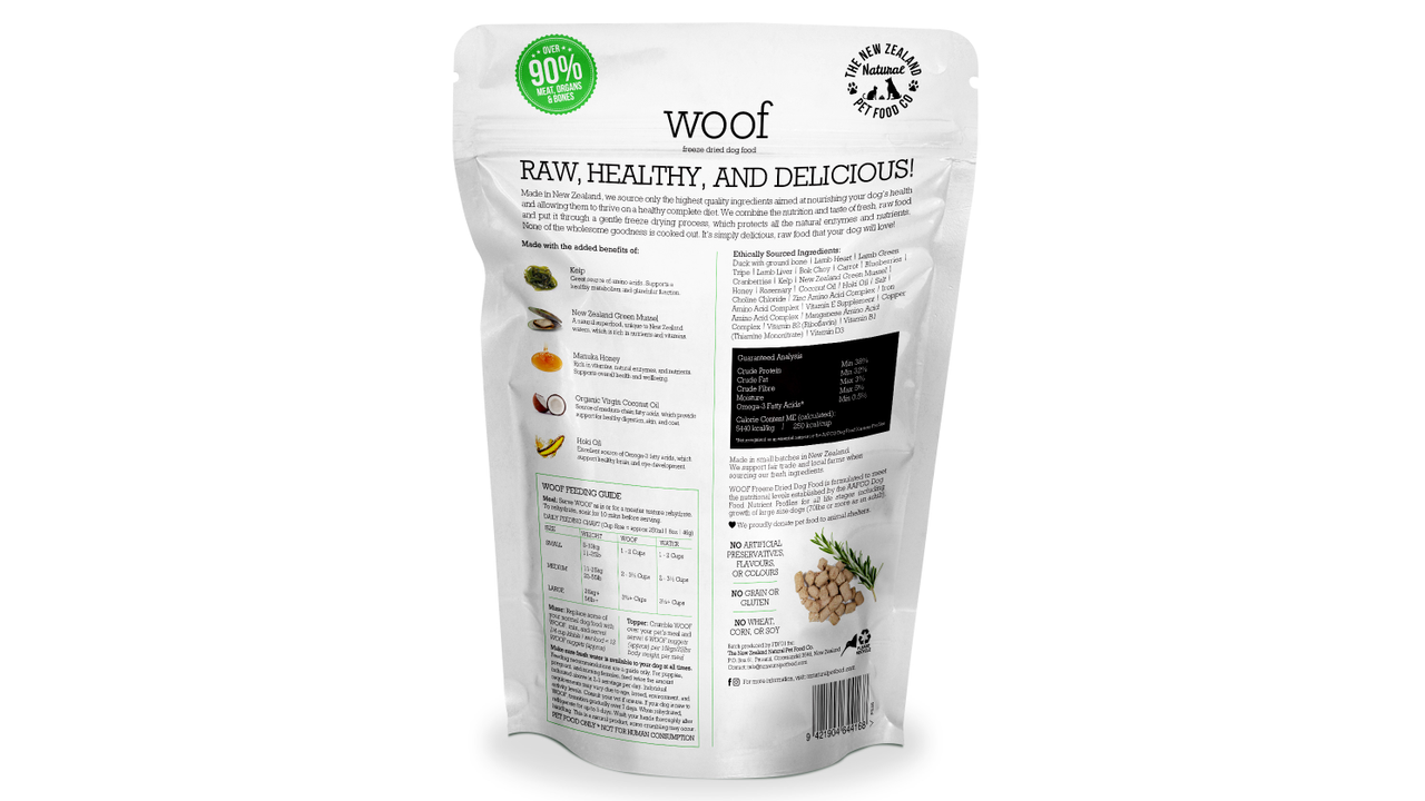 Back view of WOOF Freeze Dried Duck Dog Food bag by WOOF - The NZ Natural Petfood Co, featuring ingredients, nutrition info, feeding guide, and product details made with natural ingredients on a white background.