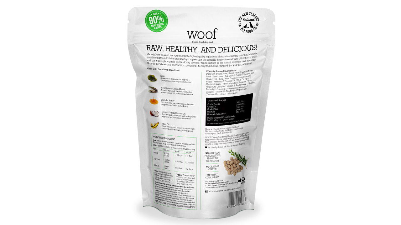 A healthy and delicious bag of Your Whole Dog's Woof: Freeze Dried Duck Dog Food.