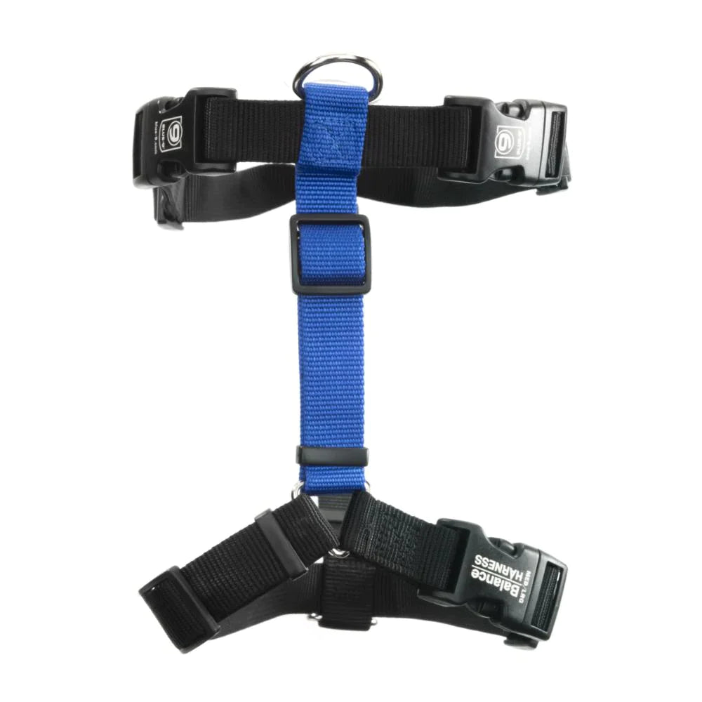 The Blue-9 Balance Harness - PRE-ORDER is a blue and black adjustable dog harness with plastic buckles and a sturdy metal D-ring for reliable leash attachments.