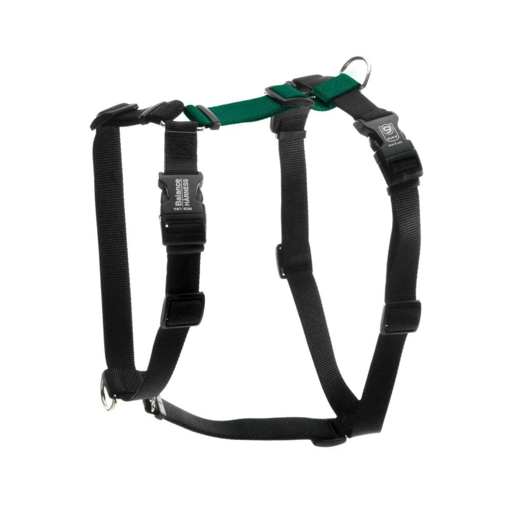 The Blue-9 Balance Harness - PRE-ORDER, in black and green, offers adjustable straps and buckles with durable metal leash attachment points for secure pet walks.