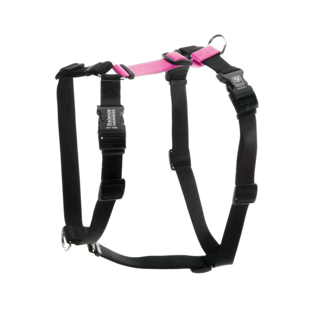 The Blue-9 Balance Harness - PRE-ORDER by Blue-9 is a black and pink adjustable dog harness with plastic buckles, offering versatile leash attachment points.