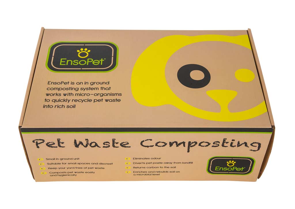 A brown box with a yellow paw logo labeled "Bokashi Ensopet Pet Waste Composting Kit" offers an inground composting solution that enriches soil and eliminates odor, specifically designed for managing pet waste.