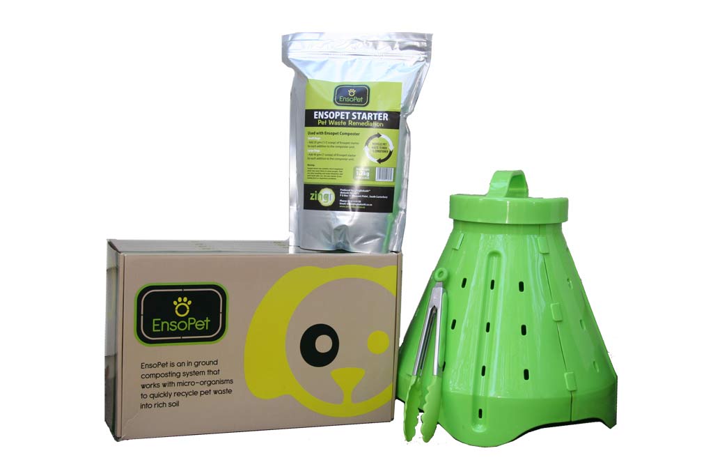 Bokashi Ensopet Pet Waste Composting Kit includes a green cone vessel, EnsoPet starter mix for pet waste, and tongs by a box with the EnsoPet logo. This efficient inground system from Bokashi Ensopet turns pet waste into nourishing soil.