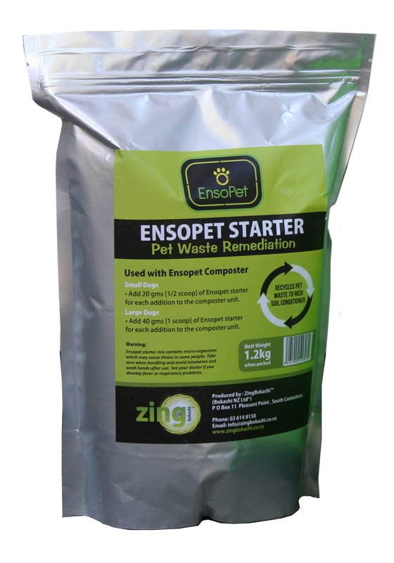 The 1.2 kg Bokashi Ensopet Pet Waste Composting Kit by Bokashi Ensopet is designed for inground pet waste composting, with clearly visible instructions and branding on the packaging to simplify usage for effective waste management.