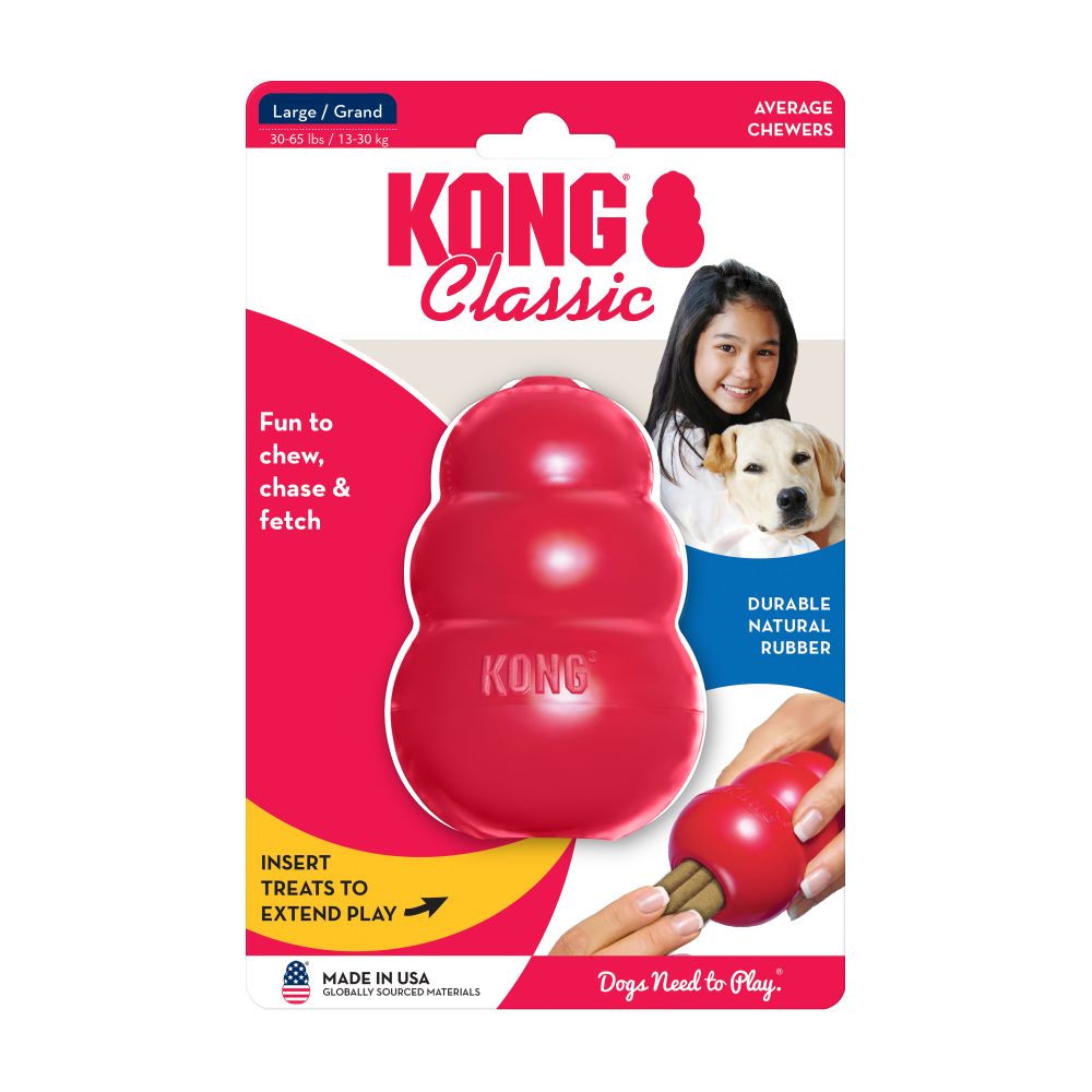 The packaging of the SALE: KONG Classic dog toy from Your Whole Dog, designed for average chewers, features an image of a girl and her dog. The text emphasizes the toy's durability, natural rubber material, and encourages inserting treats to extend playtime and enrichment.