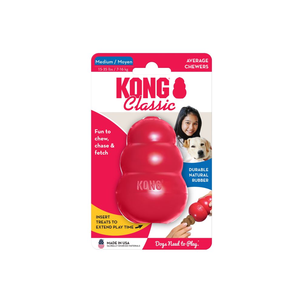 The SALE: KONG Classic dog toy by Your Whole Dog, still in its packaging, is perfect for medium dogs weighing 15-35 lbs. The label emphasizes its durability and natural rubber construction, making it superb for chewing, fetching, and treat insertion. This must-have dog toy supports daily enrichment and fun activities.