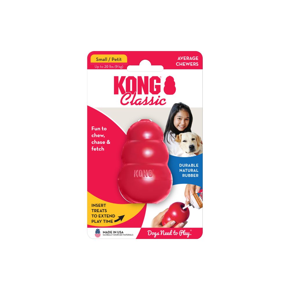 Introducing the SALE: KONG Classic dog toy from Your Whole Dog, designed for average chewers. This small-sized toy is ideal for dogs weighing up to 20 lbs. Crafted from durable red natural rubber, it’s perfect for chewing, chasing, and fetching. The toy also includes a space for inserting treats, providing an additional layer of enrichment that makes it one of the best dog toys available.