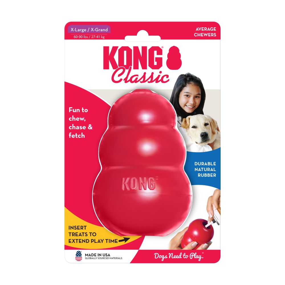 The packaging for the SALE: KONG Classic by Your Whole Dog indicates that this dog toy, ideal for average chewers, is crafted from durable natural rubber. This enrichment toy is versatile, suitable for chewing, chasing, and fetching, and features a space to insert treats.