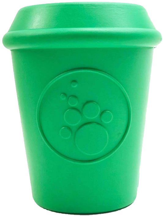 A durable green plastic cup from the Your Whole Dog Soda Pup COFFEE CUP TOY & TREAT DISPENSER (M & L) range with a paw print on it.
