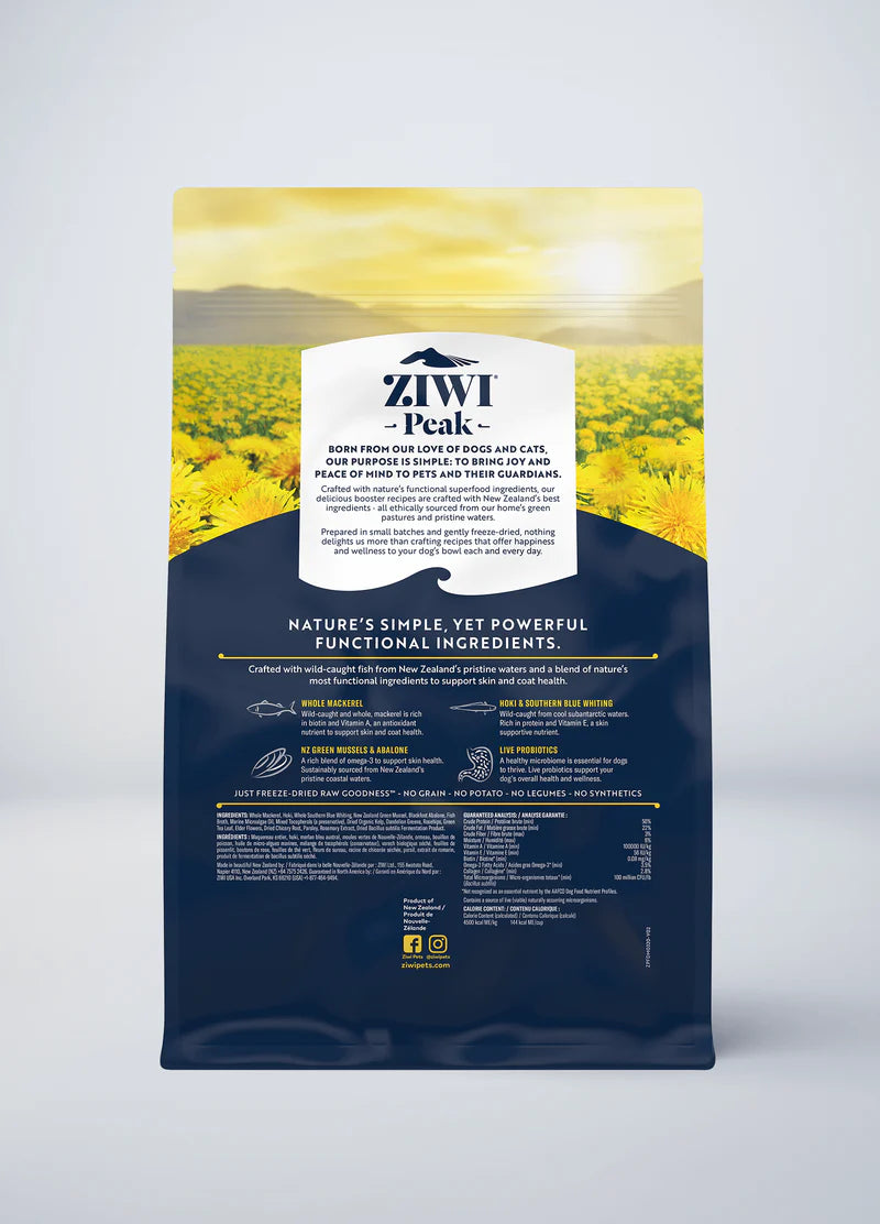 The ZIWI Peak Freeze-Dried Booster for Skin & Coat Health, by Ziwi Peak, uses New Zealand green mussels. The packaging features a field of yellow flowers under a blue sky, emphasizing its natural ingredients and detailing benefits for dogs and cats.