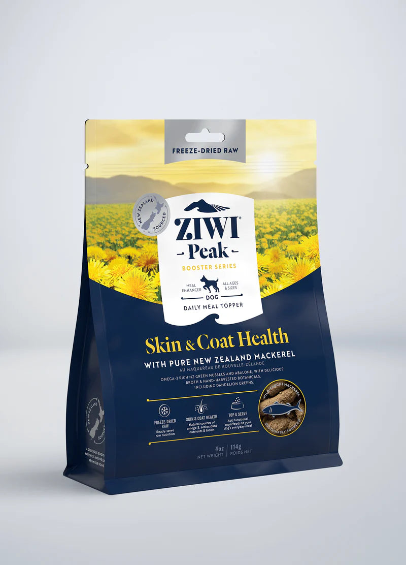The ZIWI Peak Freeze-Dried Booster for Skin & Coat Health packs New Zealand mackerel and omega-3 under the brand Ziwi Peak as a daily meal topper for dogs.