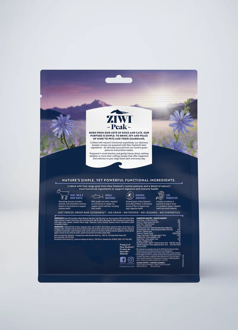 Back view of a Ziwi Peak Freeze-Dried Booster - Gut & Immune Support package, displaying details, ingredients, and nutritional info. Set against mountain and flower scenery, this Ziwi Peak dog food emphasizes gut health benefits for your pet.