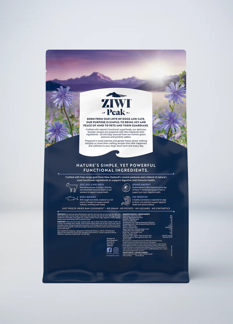 A package of ZIWI Peak Freeze-Dried Booster - Gut & Immune Support from Ziwi Peak, adorned with illustrated flowers and a mountain, highlights gut and immune health support ingredients.