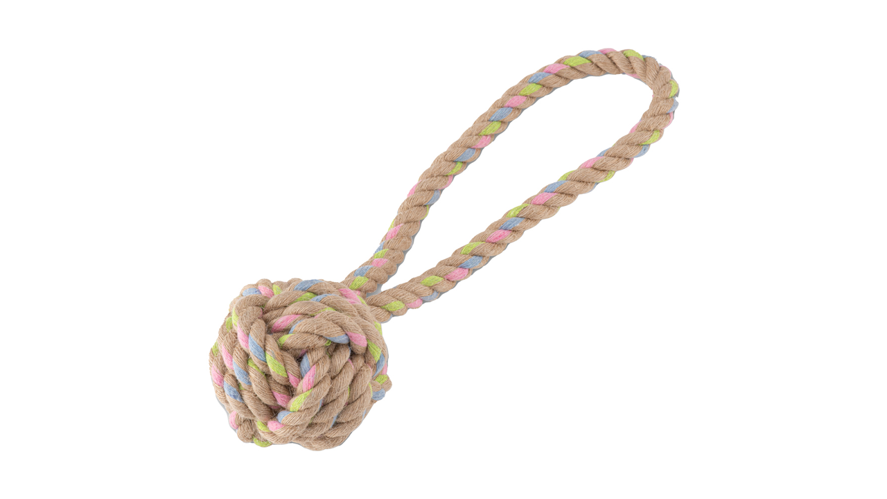 The Beco Rope Hemp Ball with Loop by Beco is a non-toxic dog toy featuring a multicolored braided design, ball knot, and loop handle, ensuring fun and safety for your furry friend.