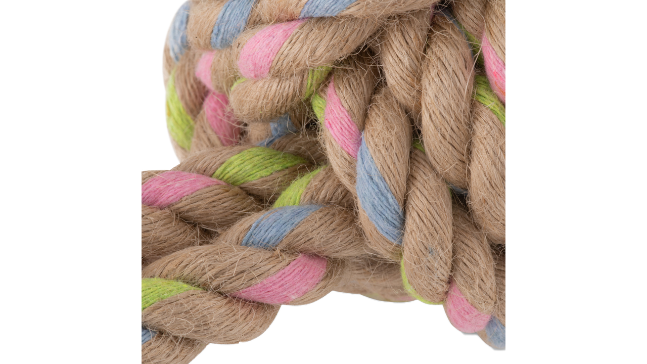 A close-up of the Beco Rope Hemp Ball with Loop from Beco, featuring intertwined natural, pink, blue, and green jute strands resembling a vibrant multicolored hemp rope toy.