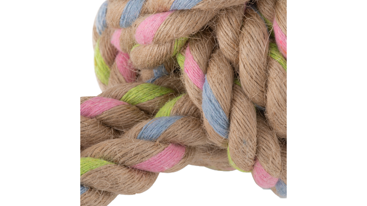 Close-up of a woven Your Whole Dog Beco Rope: Hemp Ball with Loop with natural, pink, and green colored hemp fibers.