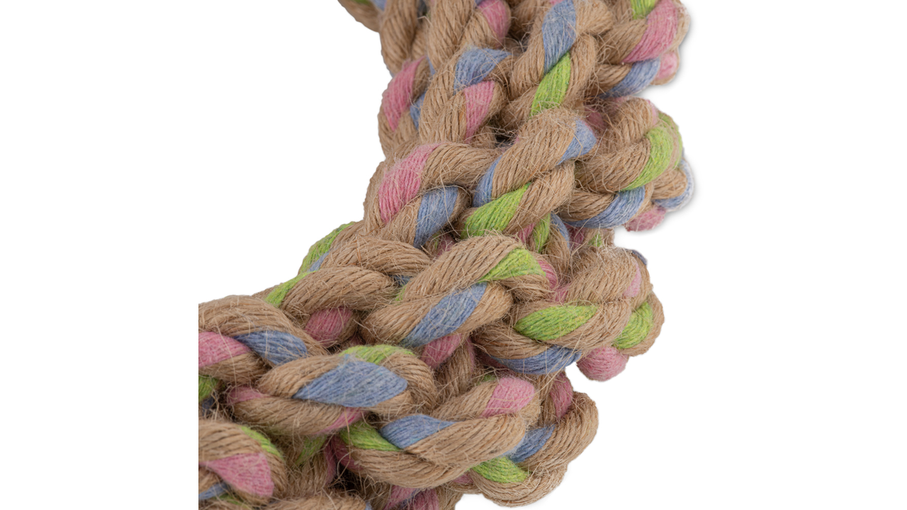 The Beco Rope Hemp Ring (Large) features a close-up of thick, braided natural fiber strands in natural, pink, green, and blue colors—ideal as a non-toxic toy option from Beco.