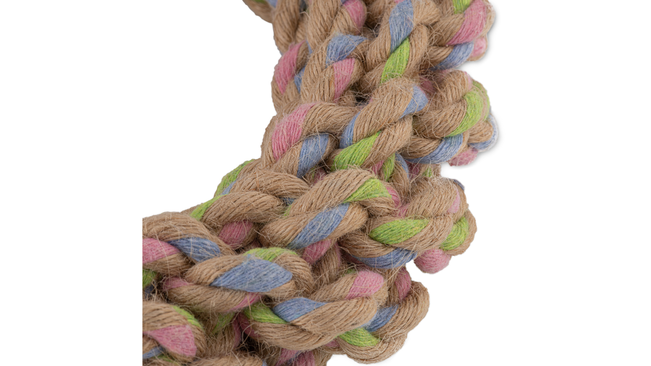 Close-up of a multicolored Beco Rope: Hemp Ring (Large) against a white background, perfect for exercising your dog's teeth from Your Whole Dog.