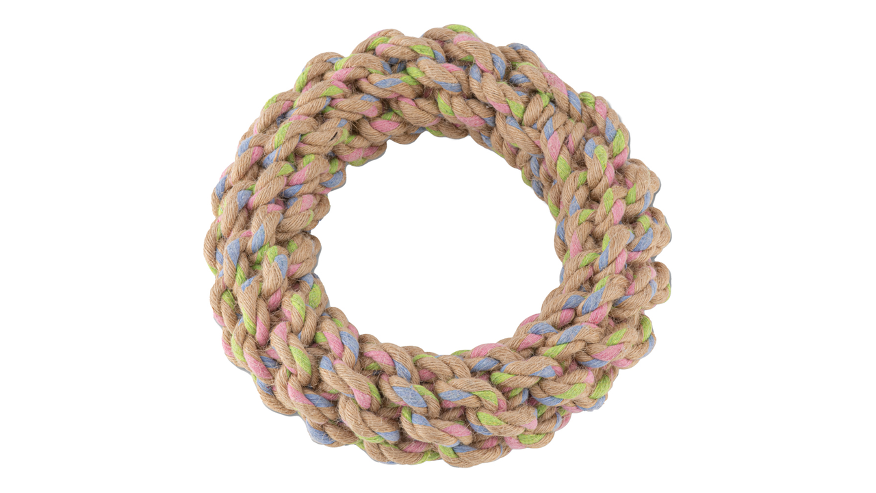 The Beco Rope Hemp Ring (Large) by Beco is a circular braided toy made from natural fiber with intertwined strands in brown, pink, green, and blue. It's non-toxic for safe playtime for your furry friend.