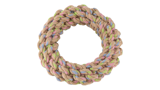 Circular braid of multicolored Your Whole Dog Beco Hemp Ring (Large) ropes isolated on white background.