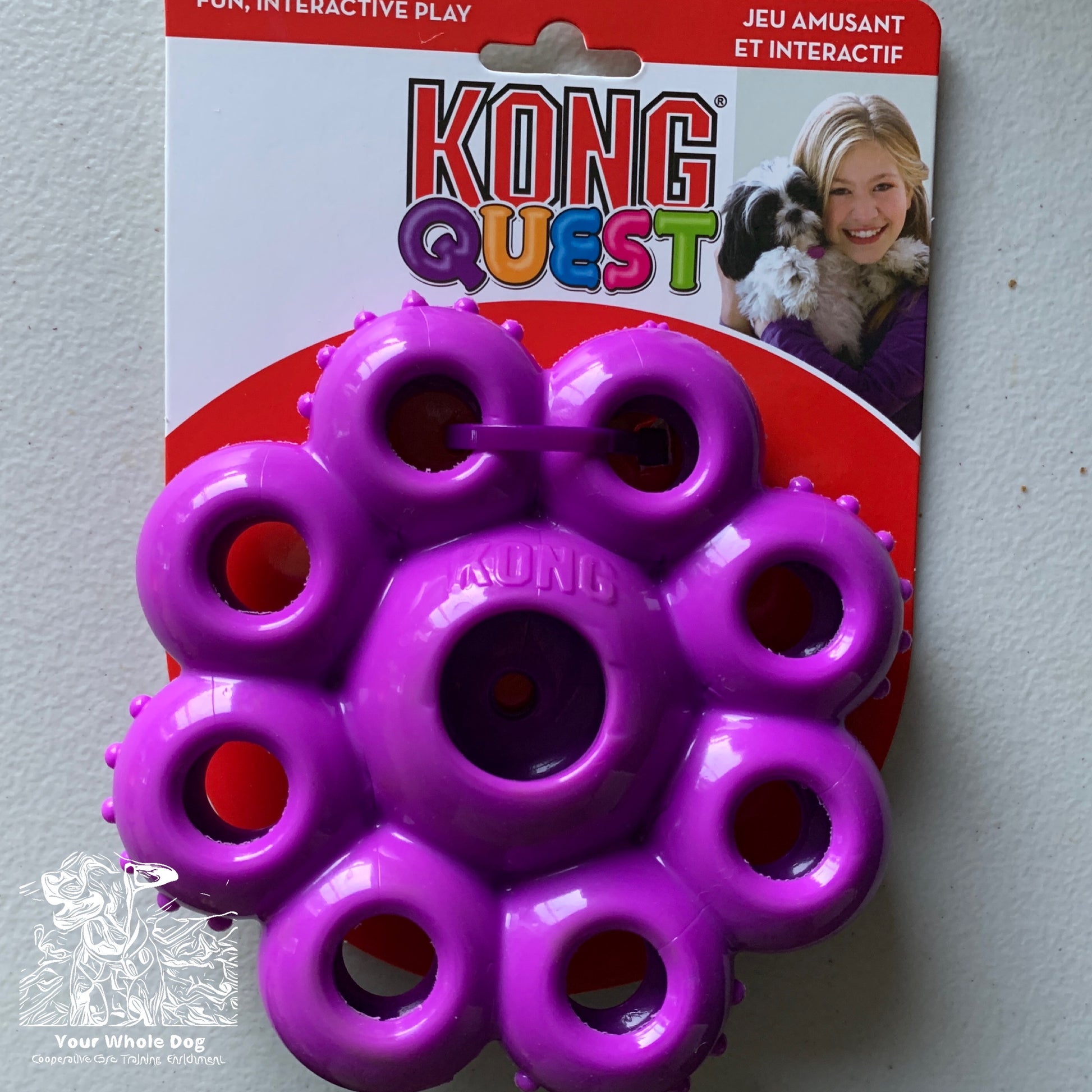 Introducing the clearance KONG Quest Star Pod from KONG, designed for light chewers. With multiple holes to enhance play and encourage natural foraging behaviors, this purple circular toy is perfectly packaged to bring joy to your pet's playtime!.