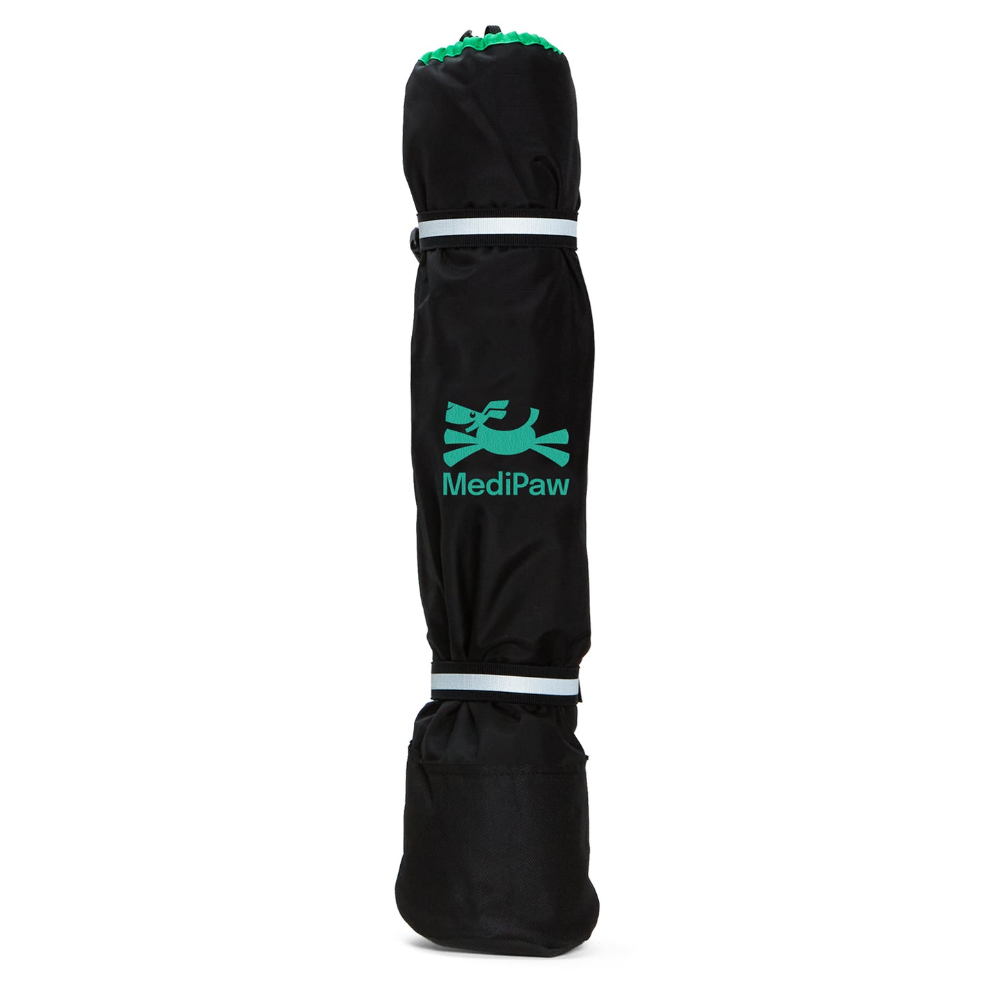 The MediPaw Healing Slim Boot by Your Whole Dog is a black pet boot cover with a green logo, designed with an antimicrobial lining for enhanced protection and healing.