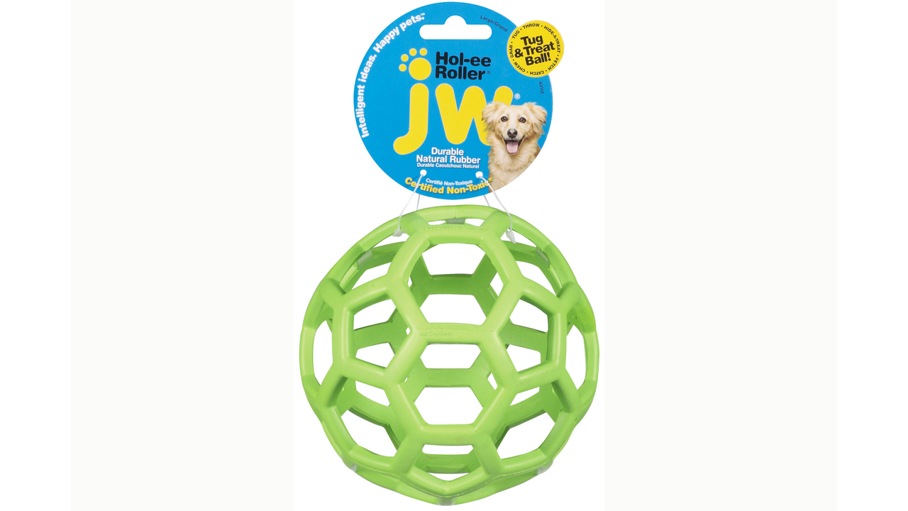 The JW Hol-ee Roller rubber dog toy, from the brand Your Whole Dog, showcases a geometric lattice design and is ideal for playful pups.