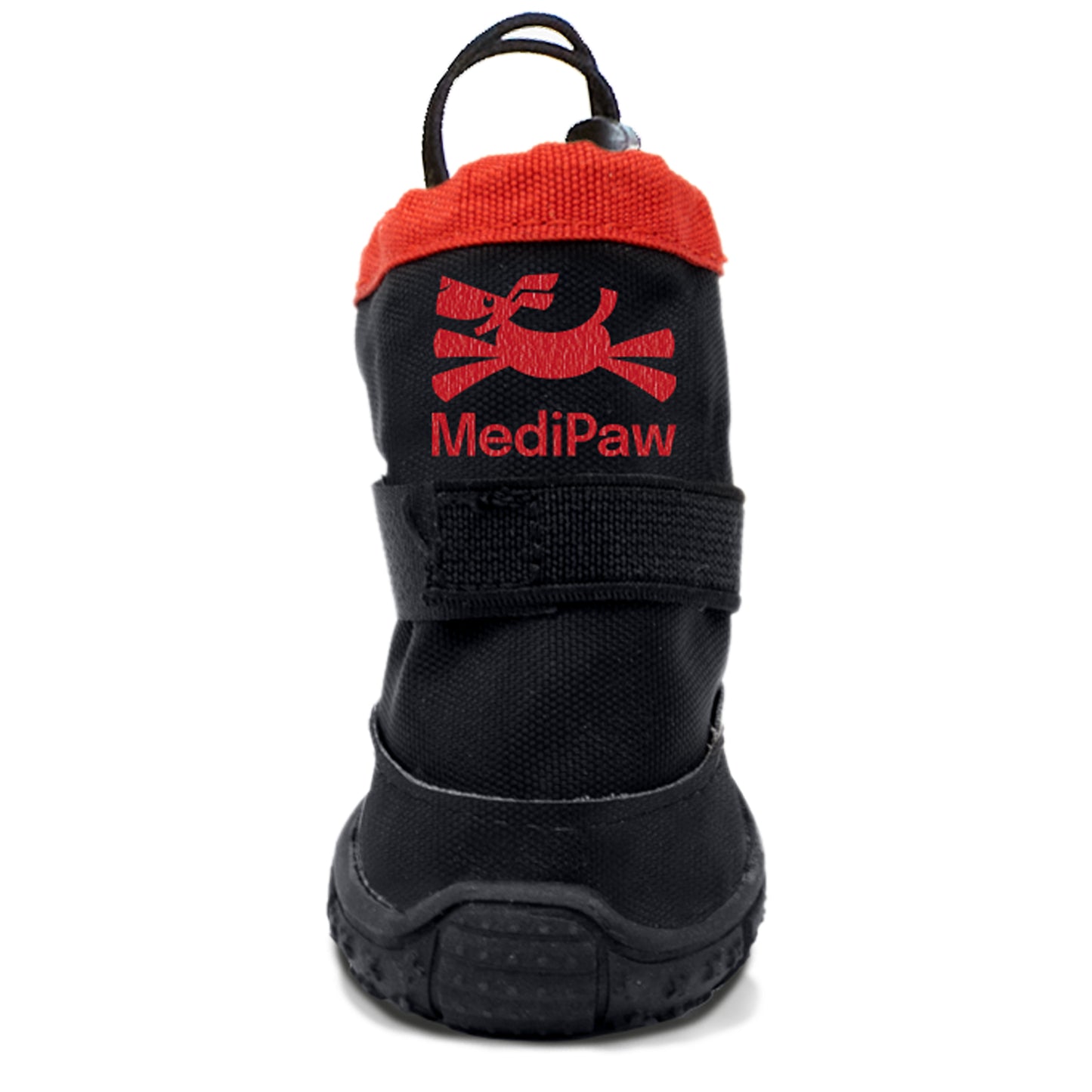 The MediPaw Rugged X-Boot in black and red, adorned with a paw logo, ensures unmatched protection for your pet's paws.
