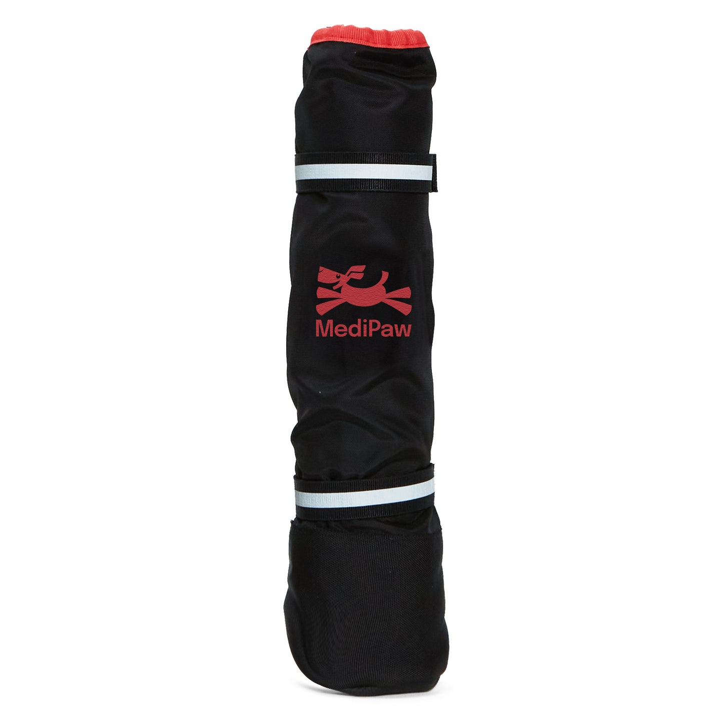 The MediPaw Healing Slim Boot from Your Whole Dog, in a sleek black design with a red logo, provides exceptional wound protection for your pet. It features reflective straps and a padded end for added comfort and security. The boot's antimicrobial lining ensures both hygiene and comfort, making it an excellent choice for your pet's recovery needs.