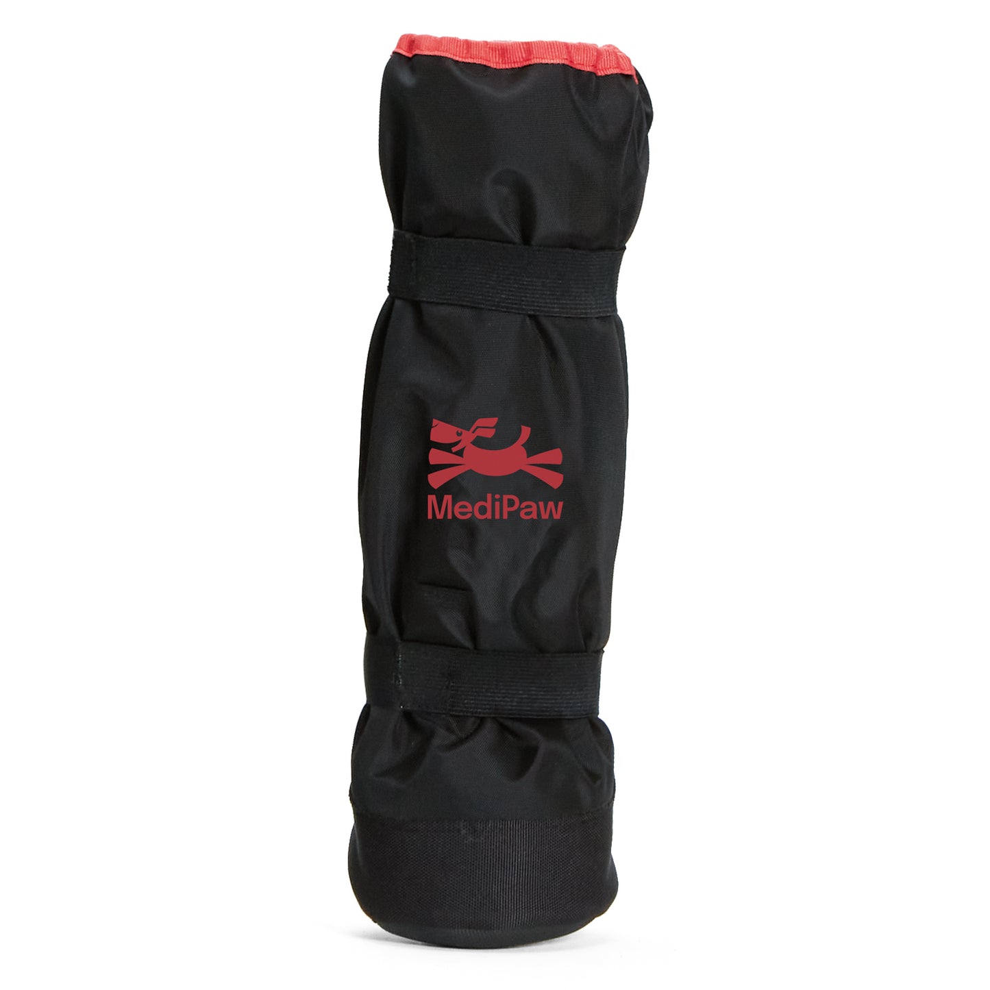 A MediPaw Soft Bandage (Basic) Boot by Your Whole Dog, designed for pets with a soft bandage boot style and a waterproof nylon shell, is shown in black with red trim and logo standing upright against a white background.