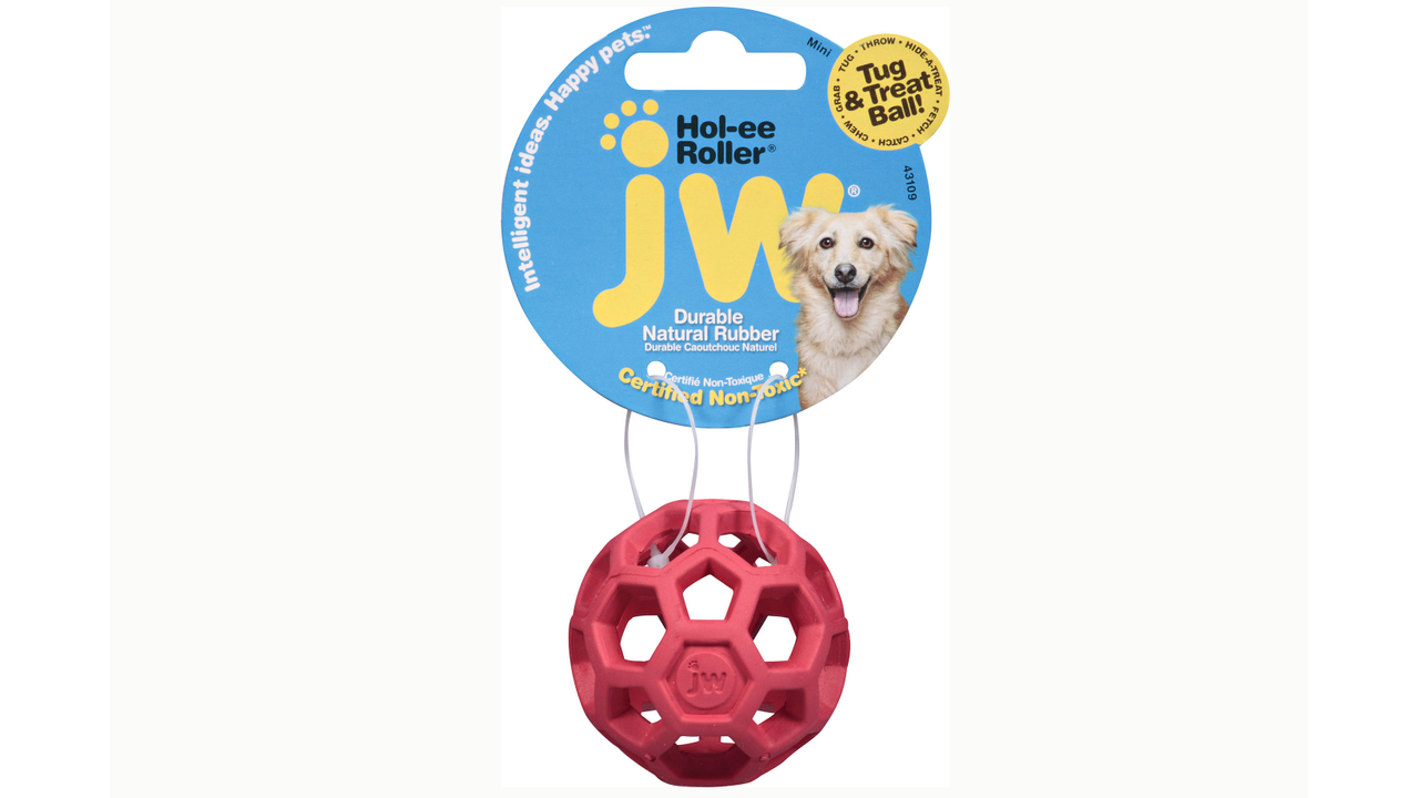A mini red JW Hol-ee Roller ball. Available from Your Whole Dog.