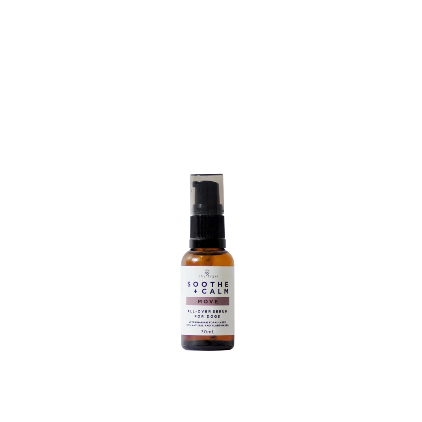 A 30ml small brown bottle with a black pump cap labeled "Shy Tiger Soothe + Calm MOVE Serum" from Your Whole Dog, infused with Copaiba essential oil for an all-over dog massage.