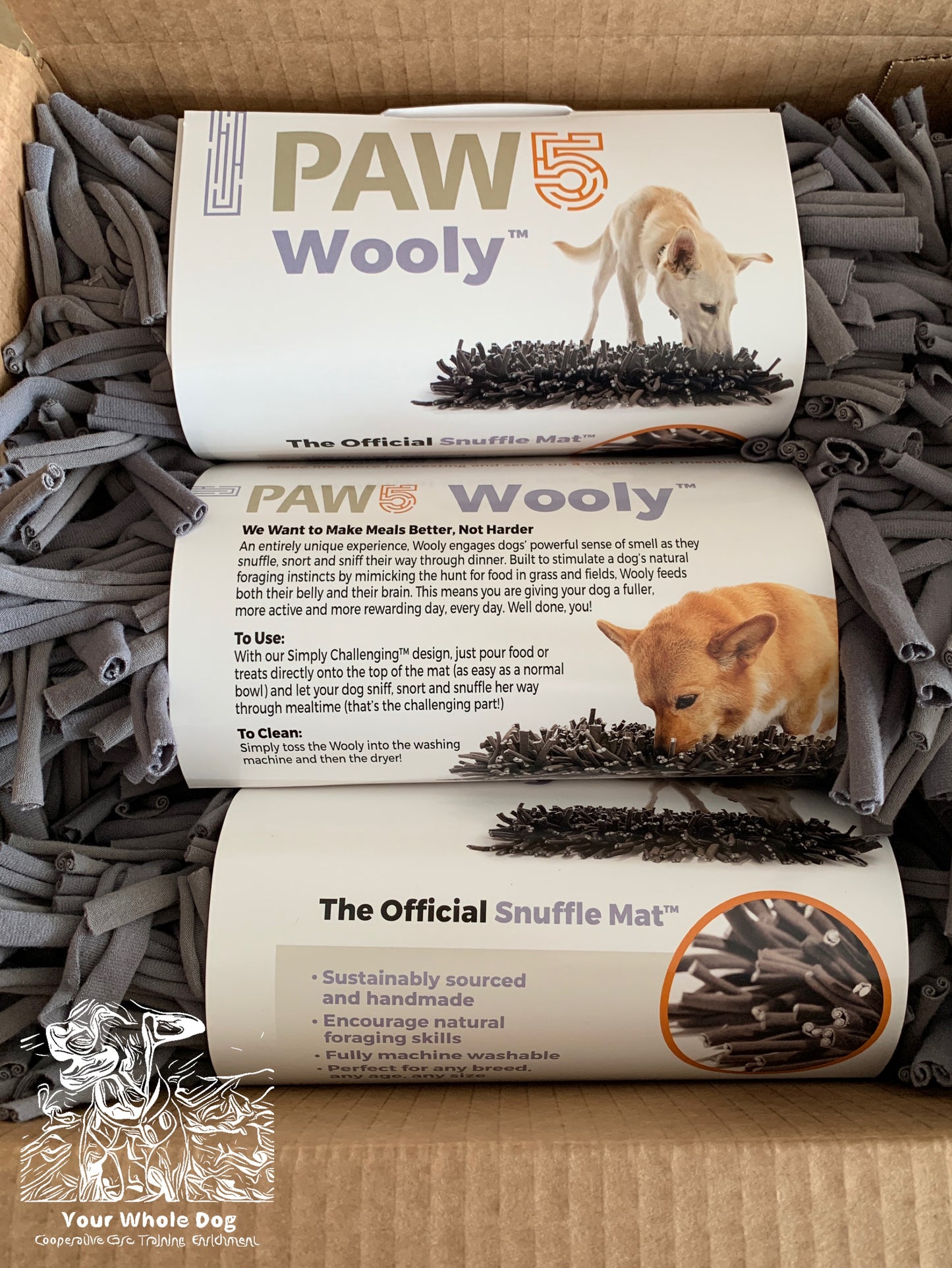 A collection of three Paw5 Wooly snuffle mats from Your Whole Dog