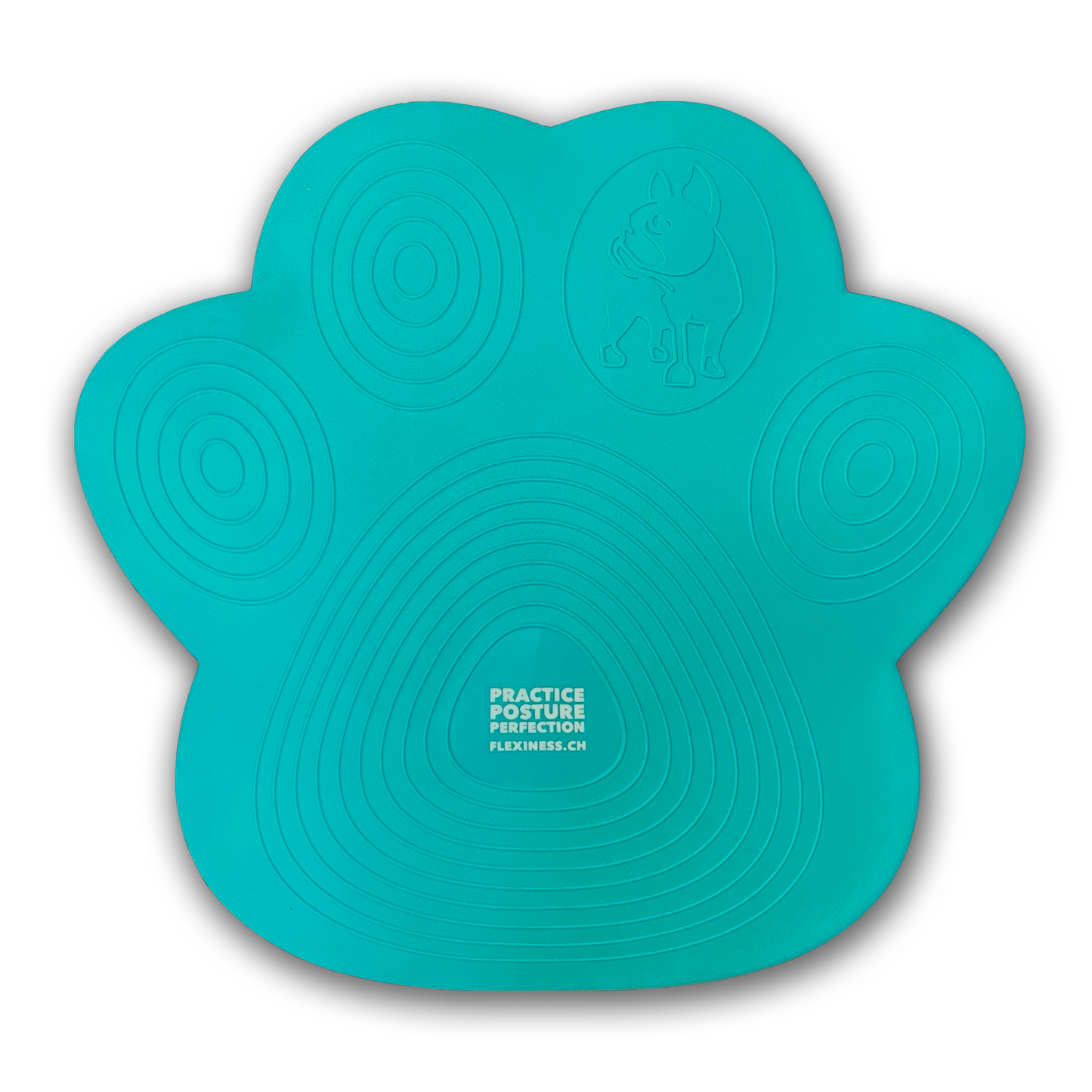 The Flexiness PawDisc by Your Whole Dog is a teal practice mat featuring a paw-shaped design, concentric circles, and an image of a dog. The text on the mat reads: "Practice Posture Perfection" and "FLEXNESS.CH". It's perfect for balance training.