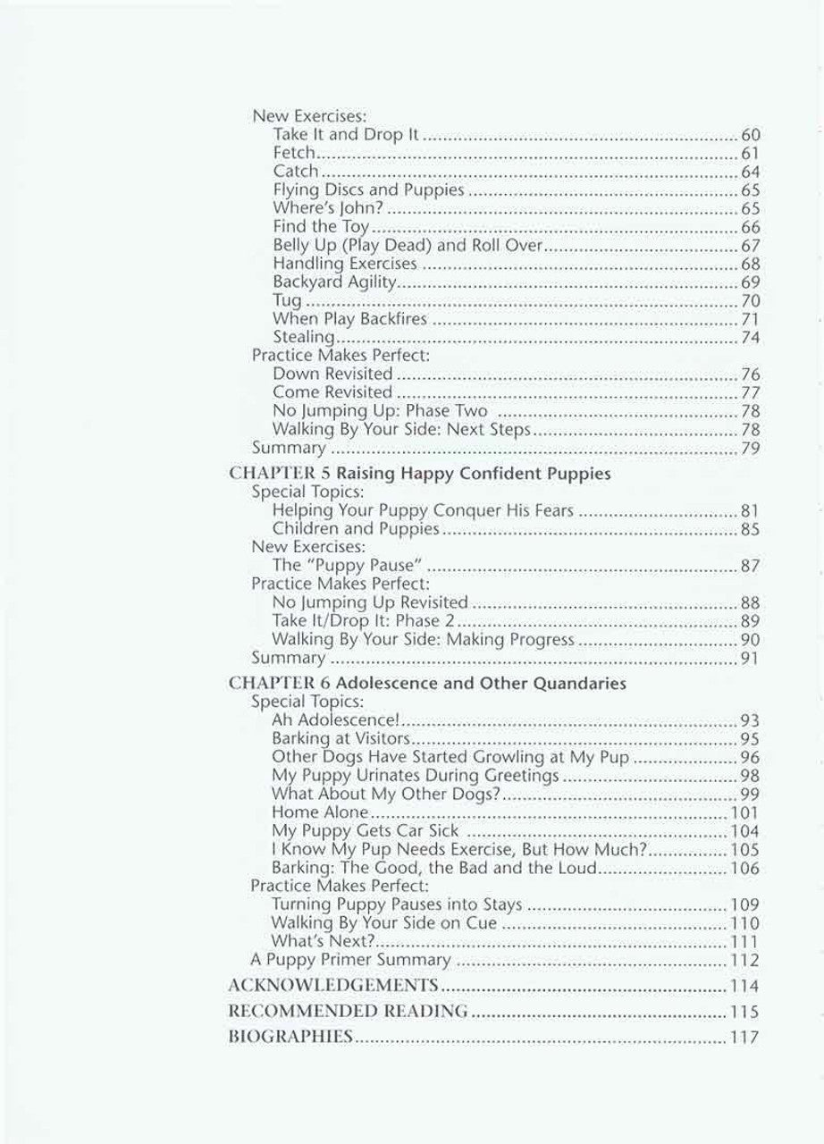 The back of the "Puppy Primer" book by Your Whole Dog showing the contents and positive reinforcement techniques for dog training.