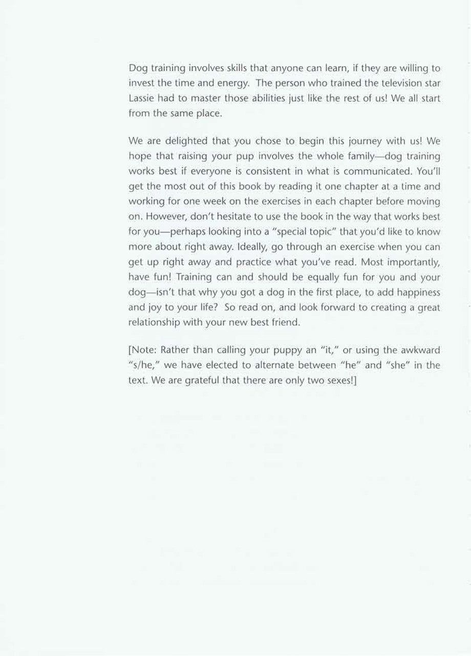 A white page with text on it, providing dog training techniques through positive reinforcement using the book "The Puppy Primer (2nd Edition)" by Your Whole Dog.