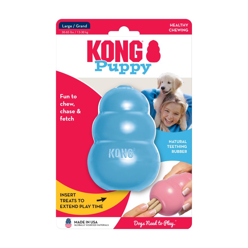 A packaged SALE: KONG Classic Puppy toy by Your Whole Dog, suitable for large dogs. The light blue rubber toy is perfect for chewing, chasing, and fetching. It entices with treats to encourage extended playtime and promotes healthy teething while encouraging appropriate chewing behavior.