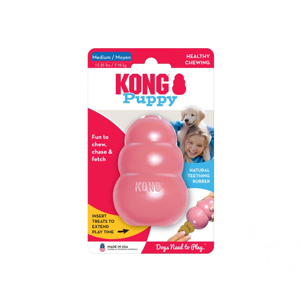 SALE: KONG Classic Puppy toy package by Your Whole Dog features a pink dog toy prominently in the center. The packaging emphasizes 'Fun to chew, chase & fetch' and mentions 'Natural teething rubber,' ideal for puppy teeth and gums. It is designed for dogs weighing 5-15 lbs, promoting appropriate chewing behavior.