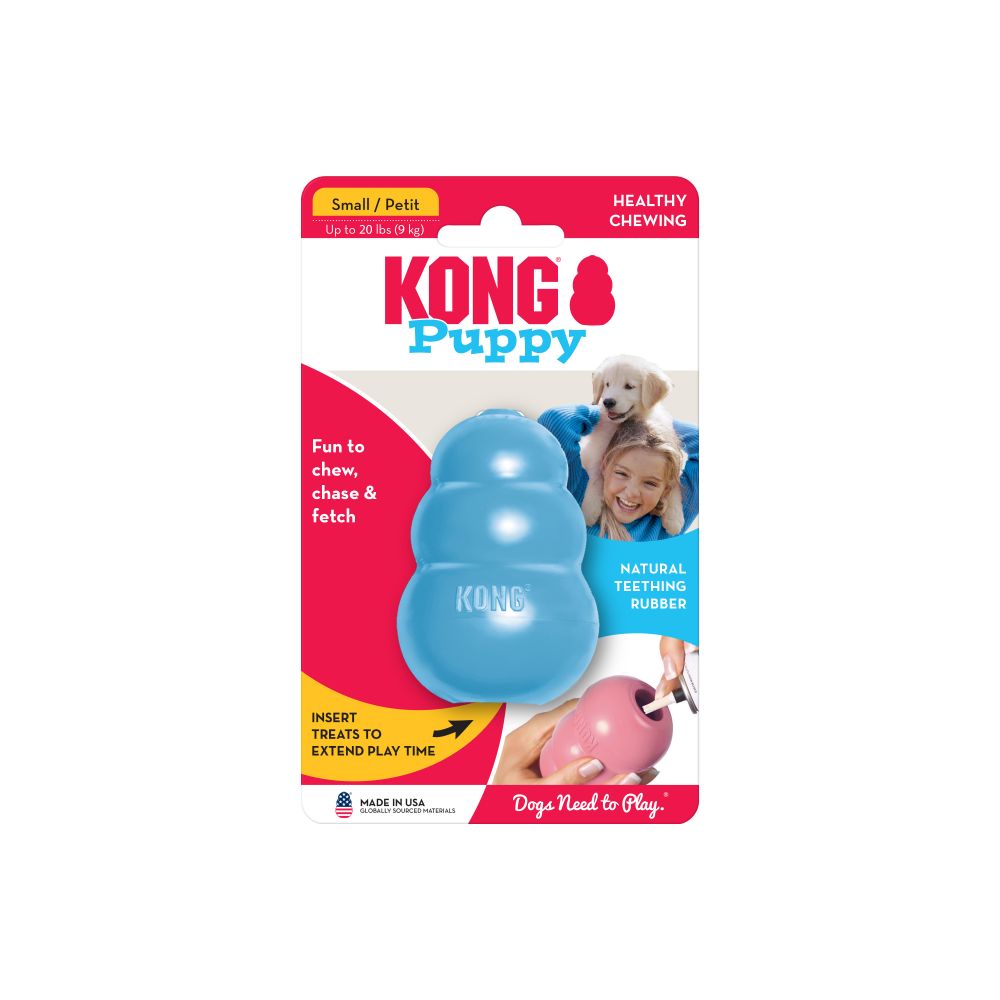 Package of SALE: KONG Classic Puppy toy by Your Whole Dog for small dogs, up to 20 lbs, in blue. Made of natural teething rubber and designed for chewing, chasing, and fetching while promoting appropriate chewing behavior. Ideal for puppy teeth and gums. Made in the USA and suitable for treat insertion.