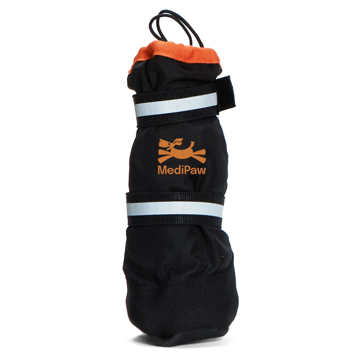 The MediPaw Healing Slim Boot by Your Whole Dog is a black and orange protective dog boot featuring an antimicrobial lining, reflective straps, and a cinch closure for optimal wound protection.