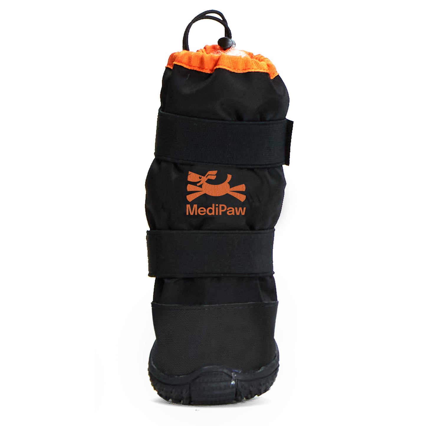 Introducing the MediPaw Rugged X-Boot: a stylish black and orange pet boot with Velcro straps and a drawstring top, offering unbeatable protection and comfort, making it an essential accessory for your pet's adventures.