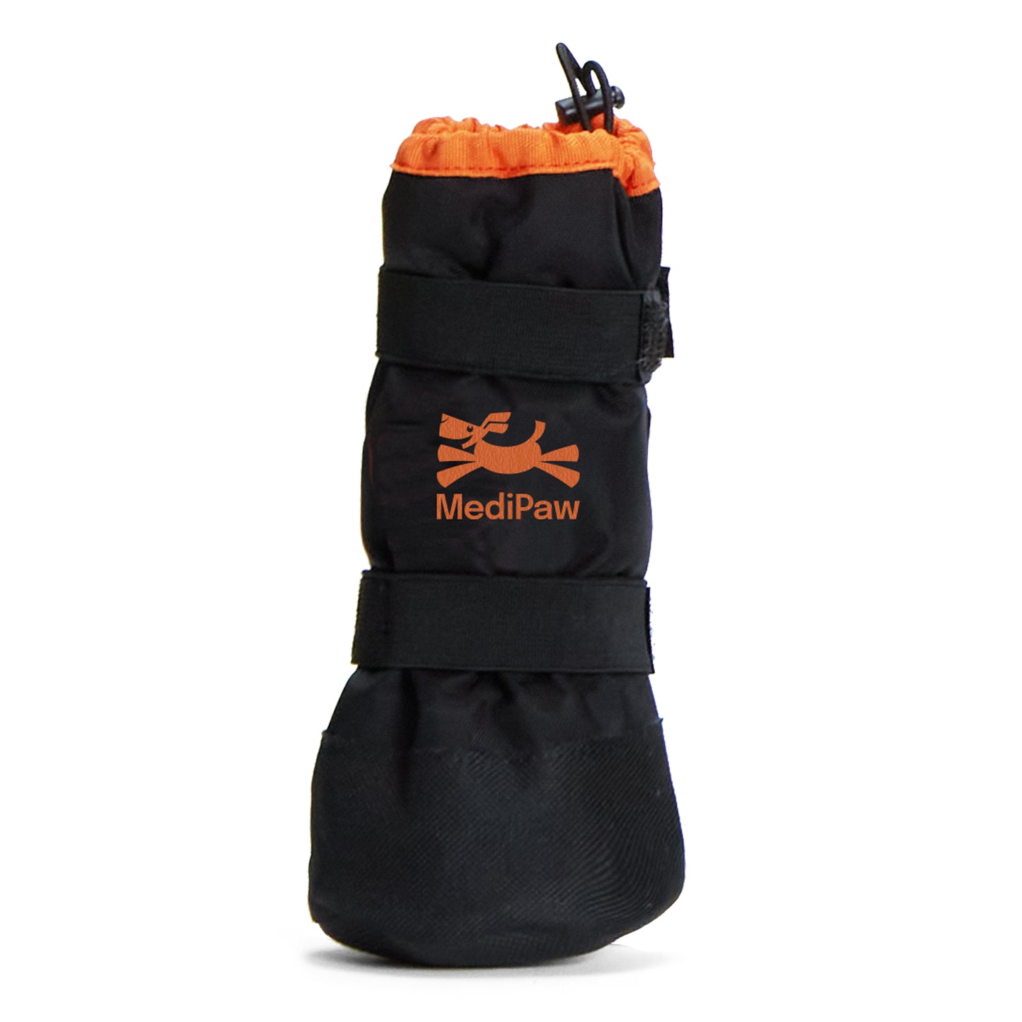 The MediPaw Soft Bandage (Basic) Boot by Your Whole Dog is a black and orange pet boot designed with a waterproof nylon shell, featuring two adjustable straps and a drawstring top for optimal protection.